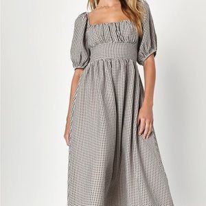Beige and Black Gingham Tie-Back Midi Dress